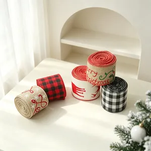Five-roll set of Christmas ribbons with buffalo plaid, reindeer and Merry Christmas prints