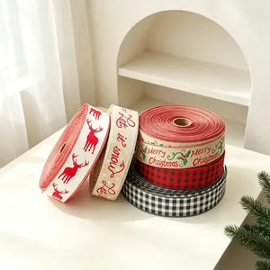5-pack Christmas linen ribbons with reindeer, snowflake, and plaid patterns for gift wrapping