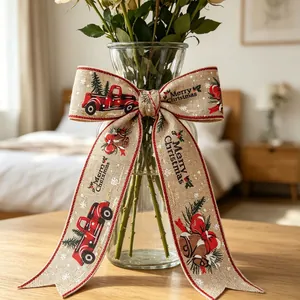 Christmas ribbon with vintage red truck and tree patterns for festive gift wrapping