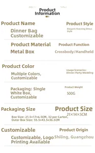Detailed specifications table for semi-circular metal evening bag, size 21x14x5cm