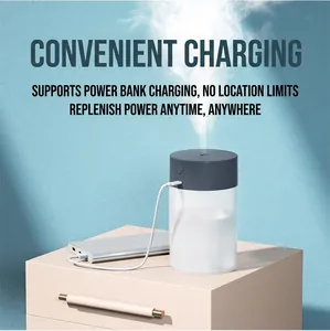 Portable USB humidifier on bedside table showing convenient power bank charging compatibility