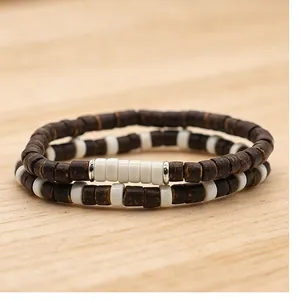 Handmade Multi-Layer Beaded Bracelet Set Coconut Shell Natural Stone Stainless Steel Bohemian Ethnic Jewelry For Men Women