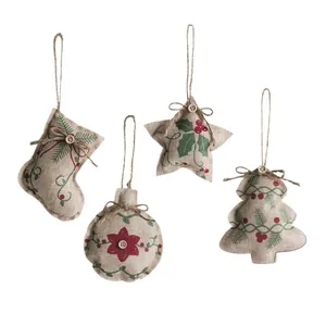 Set of 4 burlap Christmas ornaments featuring stockings, stars, and trees with berry prints