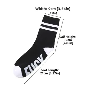 Close-up of crew socks with Lucky letter print and ribbed texture dimensions