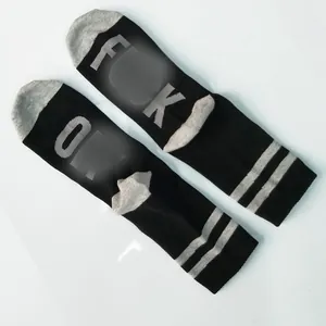 Black crew socks with Fuck Off letter print and grey stripe detail for men and women