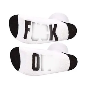 Funny mid-calf cotton socks with bold Fuck Off text on soles and black patchwork details