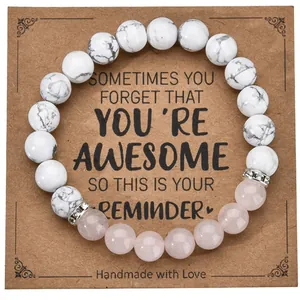 Handmade 8mm zebra stone and rose quartz heart bracelet on 'Awesome' gift card