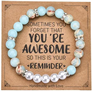 8mm zebra stone and pearl heart bracelet set with inspirational message card