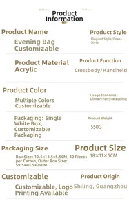 Specifications of acrylic striped evening clutch bag with dimensions 18x11x5cm and weight 550g