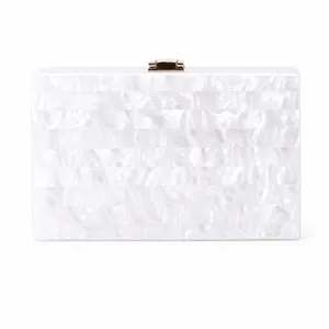 Elegant white striped acrylic clutch bag with pearl finish and gold metal clasp