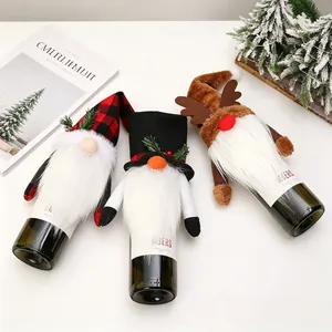 Three-piece Christmas gnome wine bottle covers with reindeer antlers and plaid hats