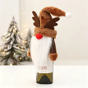 Close-up of reindeer gnome wine bottle cover with brown antlers and white faux fur beard