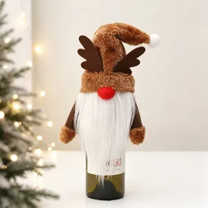 Detailed view of a Christmas gnome wine bottle cover with reindeer antlers and long white beard