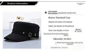 Vue détaillée d'une casquette militaire réglable en coton noir avec spécifications