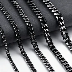Comparison of black stainless steel Cuban link chains in five different widths and sizes