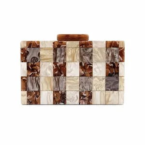 Brown and cream checkered acrylic evening clutch bag with marble texture pattern
