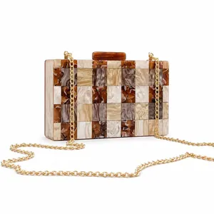 Acrylic checkered box clutch bag with marble patterns and gold chain shoulder strap