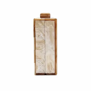 Elegant rectangular marble-textured acrylic evening clutch with ivory and brown fluid patterns