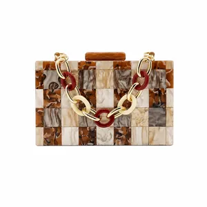 Acrylic Checkerboard Evening Bag Vintage Marble Texture Hard Shell Clutch Crossbody Purse With Chain Strap For Women