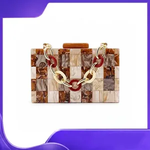 Acrylic Checkerboard Evening Bag Vintage Marble Texture Hard Shell Clutch Crossbody Purse With Chain Strap For Women