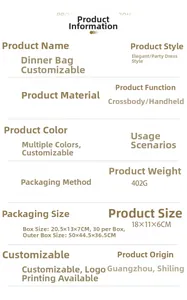 Detailed size specifications of the acrylic evening bag: 18x11x6 cm and 402g weight