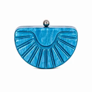 Blue marble acrylic half-moon evening clutch bag with shell texture and silver ball clasp