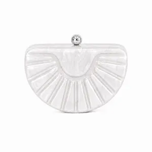 Semicircular acrylic evening clutch with marble texture and silver spherical clasp