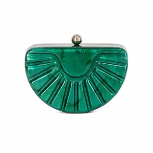 Green marble acrylic semi-circle clutch bag with radial texture and gold ball clasp