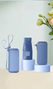 Blue five-fold mini umbrella with matching hardshell gift case and ultra-compact design