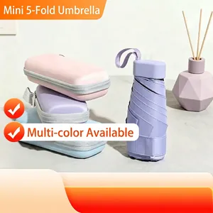Mini Portable Sun Umbrella Pongee Fabric With Black Glue Coating UPF 50 Plus Protection 5-Fold Pocket Size With Storage Case For Women Travel