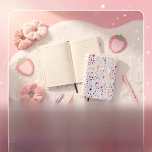 Close-up of white plush notebook with gold foil stars and purple silk bookmark ribbon