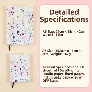 Detailed specs of white plush notebook with gold stars and A5 A6 size comparison
