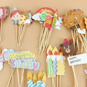 Cartoon bear cake topper set with rainbow and happy birthday candles for party decor