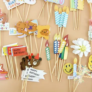 Cartoon bear birthday cake topper set with Happy Birthday banners on wooden sticks