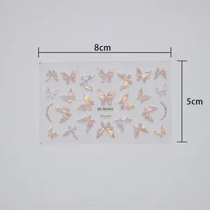 Detail of iridescent butterfly nail art stickers with laser finish on an 8x5cm sheet
