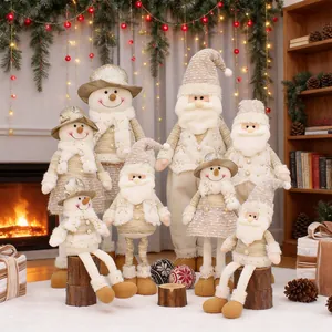 Christmas Plush Doll Santa Claus Snowman With Retractable Legs Sequin Fabric Champagne Gold Desktop Floor Decoration