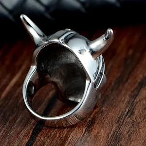 Retro viking bull horn skull ring in polished silver steel for men gothic punk jewelry