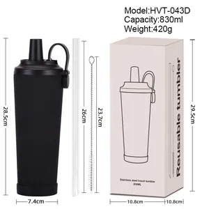 Black 830ml stainless steel insulated travel mug set with handle, straw, and packaging