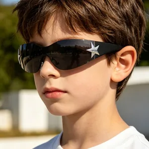 Kids sporty wrap-around sunglasses in matte black with silver star detail and dark lenses