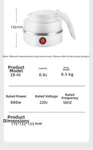 Detailed view of white silicone travel kettle showing dimensions and technical specs