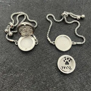 Stainless steel perfume locket bracelet with cat paw and LOVE cutout on box chain