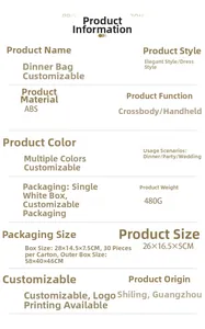Detail list showing dimensions 26x16.5x5cm and ABS material for the evening clutch bag