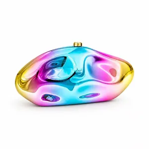 Irregular mirrored acrylic evening clutch with colorful gradient and gold clasp