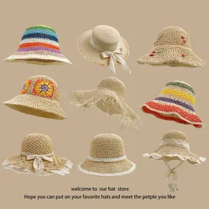 Collage of wide brim straw hats with lace, pearls, embroidery and ribbon details
