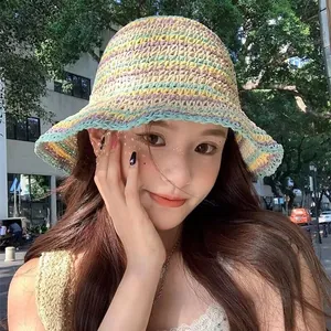 Handmade striped crochet straw hat for summer beach protection and sunshade for women