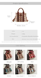 Ethnic canvas tote bag detailed size specs and six color options for travel use