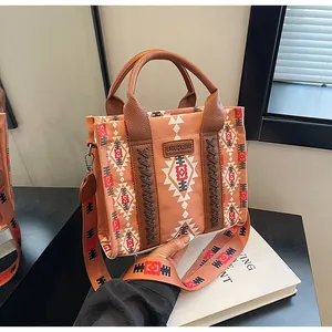 Close-up of ethnic tote bag showing geometric patterns and leather handles on a desk