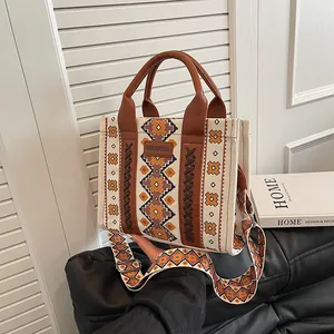Bohemian Aztec Geometric Pattern Tote Handbag Canvas PU Leather Splicing Retro Crossbody Bag With Adjustable Strap For Women