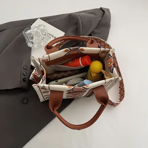 Retro ethnic print canvas tote bag with large capacity and woven shoulder strap
