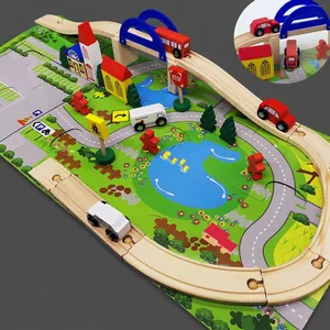 Circuit de train urbain en bois 40 pièces avec rails, véhicules et tapis de jeu coloré